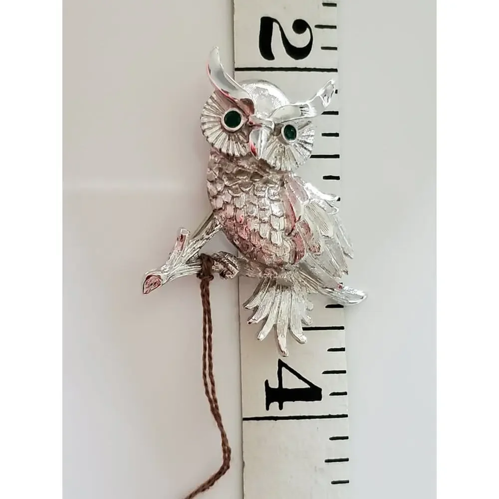 Vintage Monet Designer Silver Brushed Owl Brooch